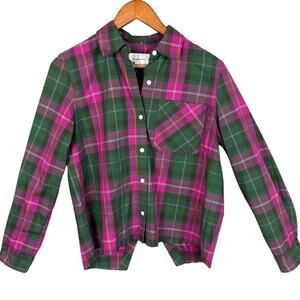 Current Elliot Women’s Plaid Button Up Shirt Pink Green Fray Hem SZ 1 Designer